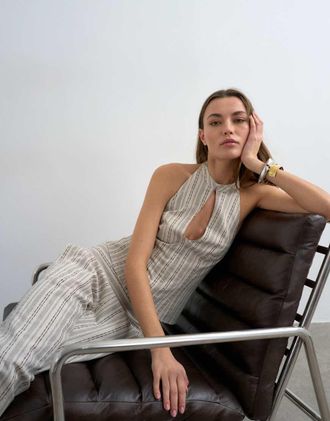 Topshop Top allacciato al collo nero a righe con apertura a goccia-Neutro