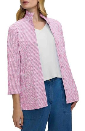 Foxcroft Carolina Stripe Crinkle Jacquard Button-Up Shirt in Pink/White at Nordstrom, Size X-Small