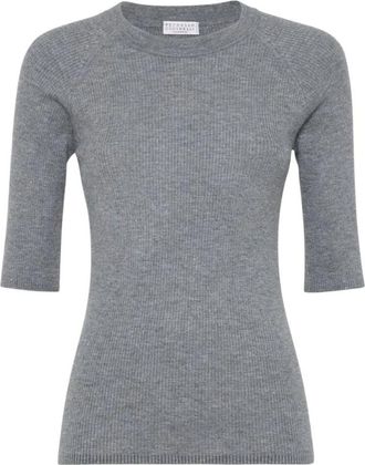 Brunello Cucinelli Grijze Geribbelde Trui Met Ronde Hals - Dames - Ronde hals truien - Grijs - M - Truien & Vesten