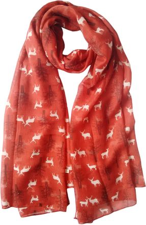GlamLondon Deer Scarf Winter Deers Fir Tree Reindeer Printed Womens Christmas Scarves Gift (Rust Red)