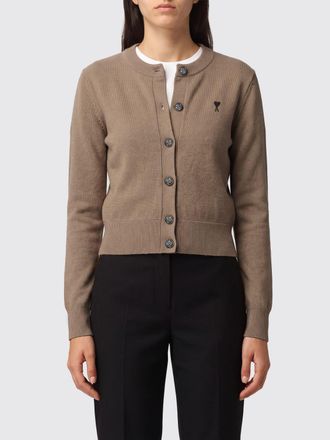 Ami Crewneck Cardigan in Pure Merino Wool with Embroidered Logo