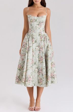 House of CB Samaria Corset Fit & Flare Dress in Vintage Floral And Sage at Nordstrom, Size X-Small A
