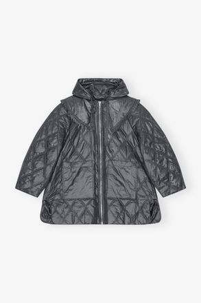 Ganni Mixed Black Shiny Quilt Midi Jacket - Size S/M Recycled Nylon