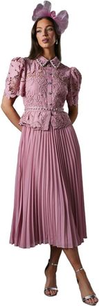 Coast Womens Lace Top Pleated Jewel Button Midi Dress Pink