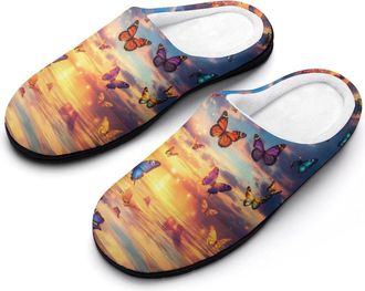 Generic Colorful Butterfly Sunset Ocean Funny Mens Cotton Slippers Soft Non-Slip Rubber Sole House Slipper Indoor Outdoor
