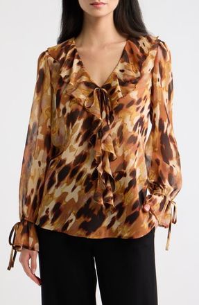 Tahari by ASL Print Ruffle Balloon Sleeve Top in Luggage Animal at Nordstrom, Size Large