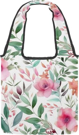 Generic Pink Flowers with Leaves Reversible Canvas Shoulder Tote - Double-Sided Print, 12oz Cotton, 27cm Drop, Fold-Flat Bag for Travel, Shopping, Street Outi