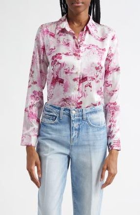 L'agence Tyler Peacock Print Silk Button-Up Shirt in White/Pink Porcelain Toile at Nordstrom Rack, Size X-Small