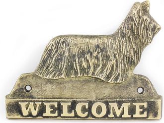 OEM Skye Terrier - Cartel Para Puerta Con Un Perro, Placa De Bienvenida De Lat&oacute;n, Cartel Exclusivo Con La Palabra Welcome De Art-dog