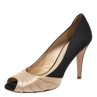 Oscar De La Renta Oscar De La Renta Black/beige Satin Ruched Detail Peep Toe Pumps