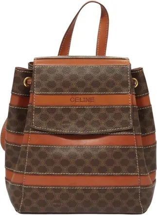 Celine Vintage Drawstring Flap Backpack Macadam Coated Canvas Brown Canvas Backpack Bag (Pre-Owned)