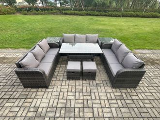 Fimous Patio Rattan Garden Furniture Set with Oblong Rectangular Dining Table 2 Small Footstools 2 Side Table 11 Seater Outdoor Lounge Sofa Set