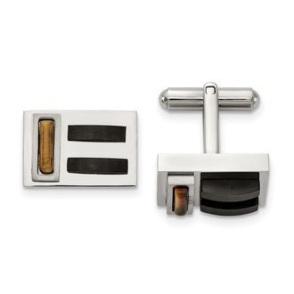 Diamond2Deal Stainless Steel Brushed and Polished Black IP-plated with Tigers Eye Cufflinks