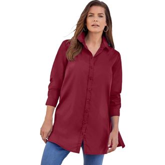 Roaman's Kate Long-Sleeve Crisp Cotton-Blend Button-Front Tunic in Dark Cherry at Nordstrom, Size 44