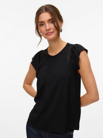 Vero Moda Kurzarmbluse VERO MODA VMBELLA SS LACE TOP WVN GA NOOS, Damen, Gr. XL, schwarz, Web, Obermaterial: 97% Viskose, 3% Elasthan, unifarben, regular fit no