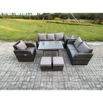 Fimous Fimous 8 Seater Outdoor Rattan Garden Furniture Set Patio Lounge Sofa Set with Dining Table Side Table 2 Small Footstools Dark Grey Mixed