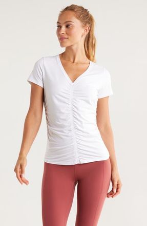 Zella Ruched V-Neck T-Shirt in White at Nordstrom, Size X-Small