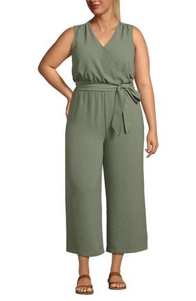 Lands End Sleeveless Creaseless Wrap Jumpsuit with Smocked Waist in Sage at Nordstrom, Size 18W