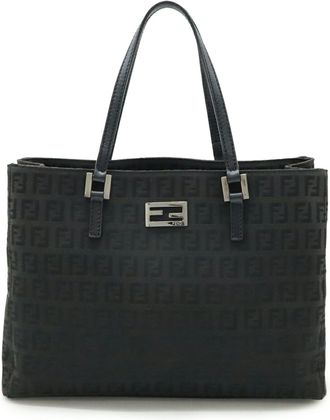 Fendi Black Canvas Leather Handbag Tote Bag (Pre-Owned)