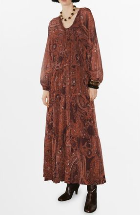 Mango Paisley Print Long Sleeve Maxi Dress in Russet at Nordstrom, Size 8