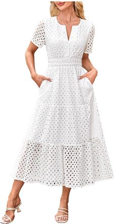 Generic Dresses for Women UK V Neck Hollow Elegant Summer Casual Short Sleeve Solid Color Maxi Dress for Women UK with Pocket Long Dresses A Line Flowy Dress 