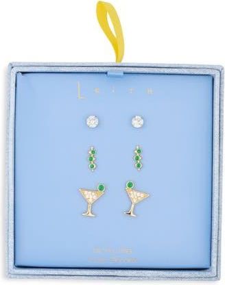 Leith Set of 3 Cubic Zirconia Martini Stud Earrings in Clear- Green- Gold at Nordstrom Rack
