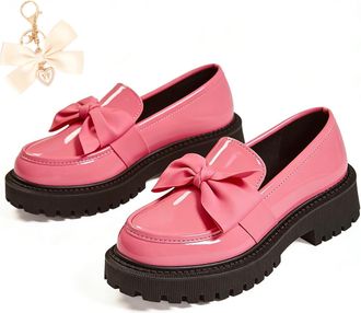 Generic Bowknot Retro Thick-Soled Shoes, 2026 Patent Leather Slip-On Flats Chunky Platform for Office Business Daily Wear (Pink, Adult, Women, 4.5, Numeric, U