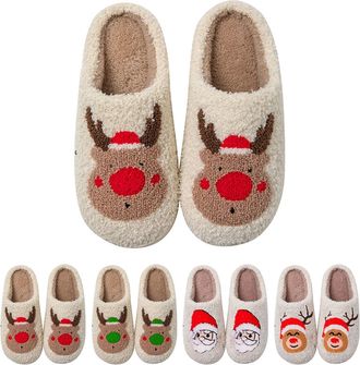 Generic Mens Xmas Slippers Cartoon Christmas Slippers For Women Mens Plush Slipper Lovely Elk Sliders Cute The Santa Claus Sliders Xmas Home Gift For Her Him 