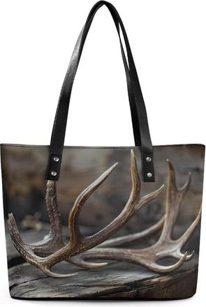 Generic Deer Antlers On Wood Table Rustic Tote Bags for Women Cute Shoulder Purses Handbags