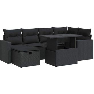 vidaXL Set De Sof&aacute;s De Jard&iacute;n 7 Pzas Con Cojines Rat&aacute;n Sint&eacute;tico Negro