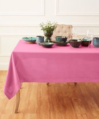 Solino Home Linen Tablecloth for Dining Table, Holiday and Everyday Dining Table Decor - Classic Hemstitch in Flamingo Pink at Nordstrom, Size X-Large