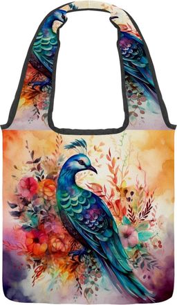 Generic Watercolor Bird Floral Reversible Canvas Shoulder Tote - Double-Sided Print, 12oz Cotton, 27cm Drop, Fold-Flat Bag for Travel, Shopping, Street Outing
