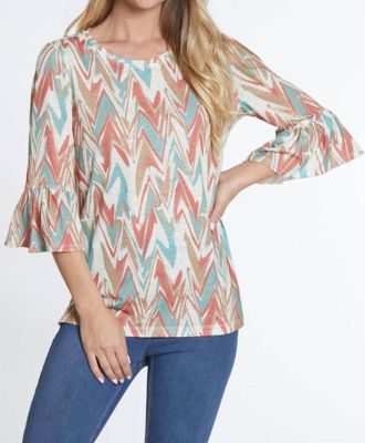 Multiples Flounce Sleeve Chevron Knit Top In Ivory/red/turq
