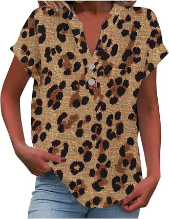 Generic Ladies Summer Tops Button Up Short Sleeve V Neck Tops Dressy Casual Hawaiian Shirts Cotton Linen Workout Holiday Tunic Blouses Loose Floral Boho Tops 