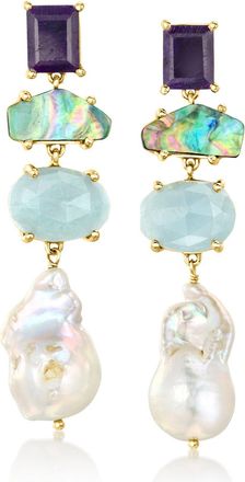 Ross-Simons 12-13mm Cultured Pearl, Aquamarine and Sapphire Drop Earrings With Black Abalone Shell in 18kt Gold Over Sterling