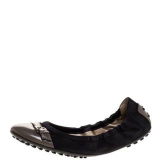 Tod's Tods Black/grey Leather And Suede Buckle Detail Scrunch Ballet Flats