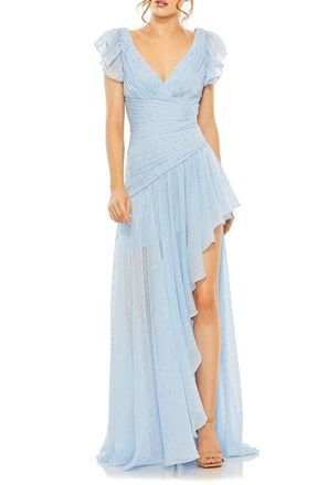 Mac Duggal Printed Short Flutter Sleeve Asymmetrical Ruched Hem Gown in Ice Blue at Nordstrom, Size 14