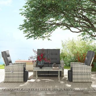 OUTSUNNY 4 Piece Rattan Garden Furniture Set with Sofa, Glass Table in Light Grey