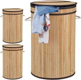 Relaxdays Relaxdays 3x Bamboo Laundry Baskets, Round Hamper with Folding Lid, 65 l, Foldable Bin with Ventilation, &Oslash; 40cm, Natural