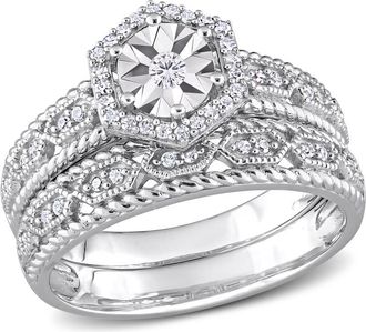 Amour 1/4 CT TW Diamond Hexagon Halo Bridal Ring Set In Sterling Silver