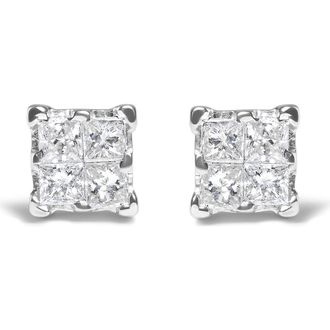 House of Brilliance Silver 1/4 Ct Invisible Princess Diamond Composite Quad Stud Earrings in White at Nordstrom