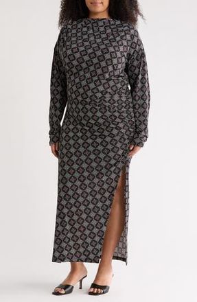 Renee C Long Sleeve Geo Ruched Midi Dress in Black at Nordstrom Rack, Size 1 X