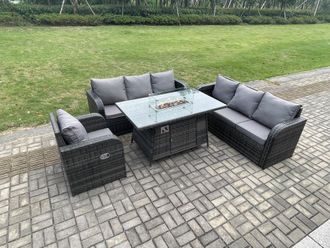 Fimous Rattan Outdoor Furniture Gas Fire Pit Rectangle Dining Table Gas Heater Reclining Chair 3 Seater Sofa Sets 7 Seater in Dark Grey