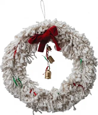 Creative Co-op Handmade Yarn Wreath With Bow And Bells In Ivory