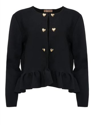 Twin-Set Heart Button Ruffled Hem Black Jacket