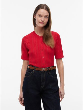 Tommy Hilfiger Womens Short-Sleeve Mixed-Knit Cardigan - Primary Red - XS