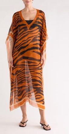 Rag & Bone Kaia Zebra Print Silk Blend Cover-Up Caftan in Orange Tiger at Nordstrom Rack