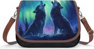Generic Howling Wolves Northern Lights Moon Crossbody Bags for Women Fashion Leather Shoulder Handbags With Adjustable Strap