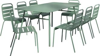 Vente-Unique Comedor de jard&iacute;n de metal - Mesa de 200 cmy 8 sillas apilables - Verde almendra - MIRMANDE de MYLIA