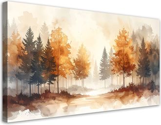 Feeby Cuadro En Lienzo, Bosque Oto&ntilde;al En Tonos Beige Paisaje Forestal En Acuarela De Estilo Escandinavo, 120x60